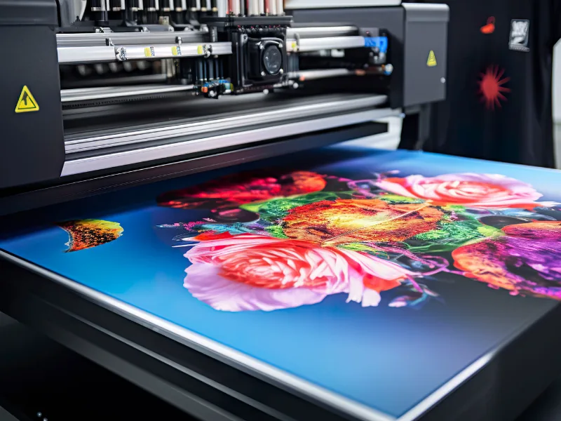 Impressora digital de grande formato imprimindo uma arte floral em alta definição
